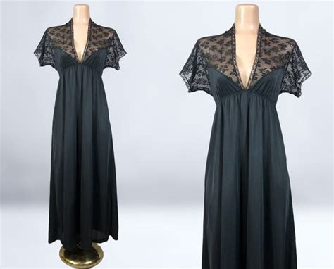 VINTAGE S Black Lace Nude Illusion Deep Plunge Nightgown By Black Lotus Vintage Lake