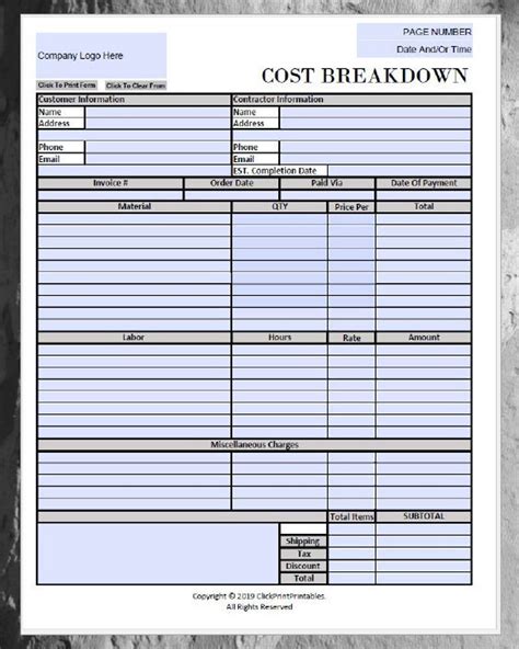 Construction Project Cost Breakdown Template Simple Minimal Editable