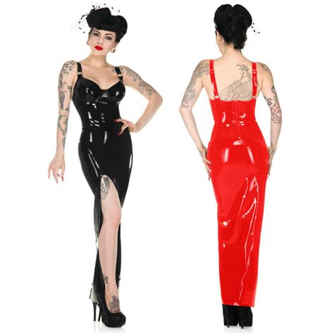 Womens Red Black Pvc Long Dress Faux Leather Wet Look Vinyl Bodycon S