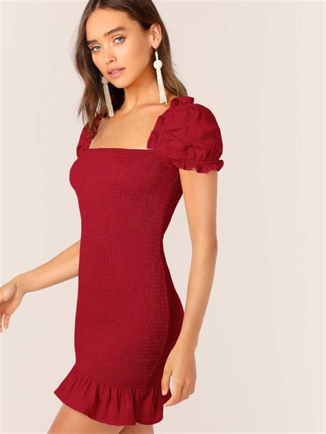 Shein Square Neck Puff Sleeve Ruffle Hem Shirred Dress Shirred Dress