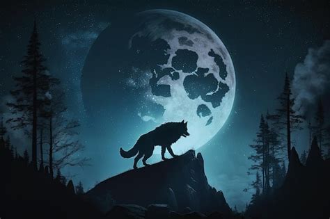 Loup Garou Monstre Au Sommet D Une Falaise Sur Fond De Lune La Nuit