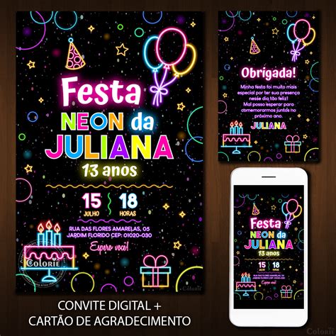 Convite Digital Neon Aniversário Balões E Bolo Brinde Coloriê