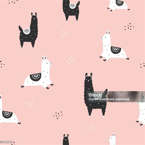 Seamless Pattern With Hand Drawn Black And White Llamas On Pink