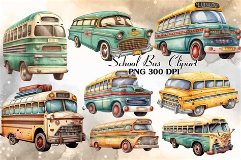 Retro School Bus Watercolor Clipart Graphic By Cat Lady · Creative Fabrica