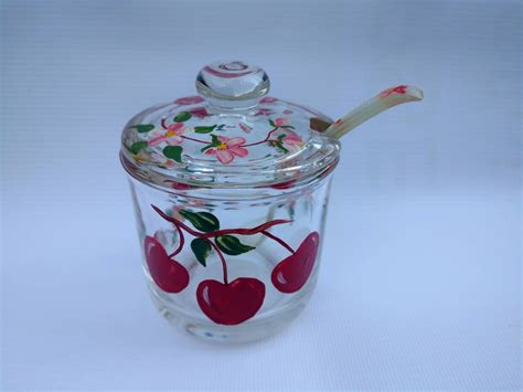 Vintage Jam Pot Sugar Bowl Handpainted Cherries Cherry Blossoms Glass R