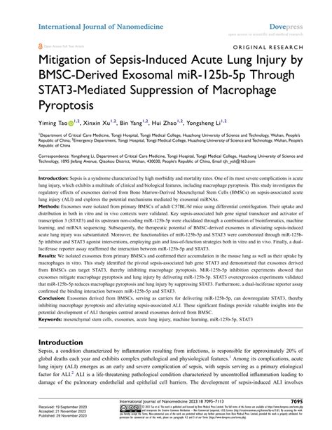 PDF Mitigation Of Sepsis Induced Acute Lung Injury By BMSC Derived