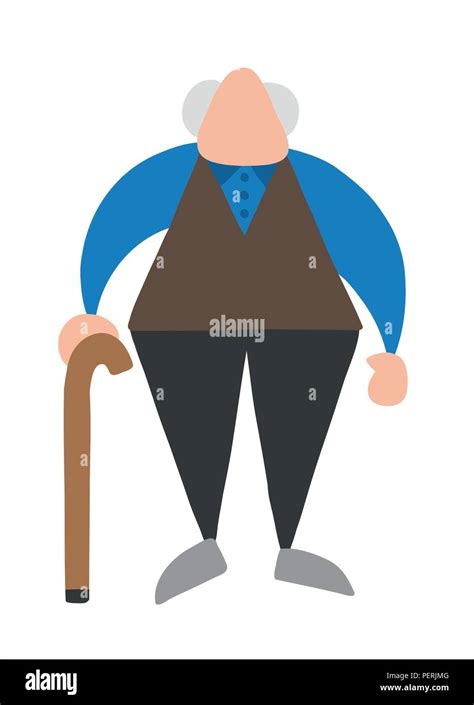 Vector Illustration Cartoon Old Man Standing With Wooden Walking Stick