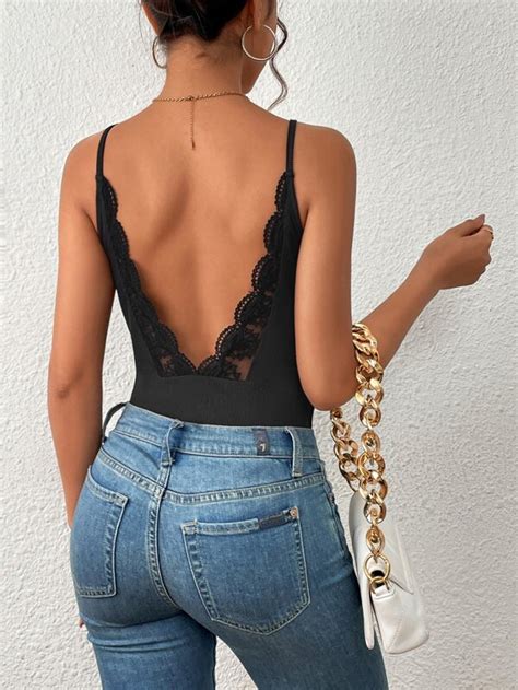 Shein Frenchy Contrast Lace Backless Cami Bodysuit Shein Uk