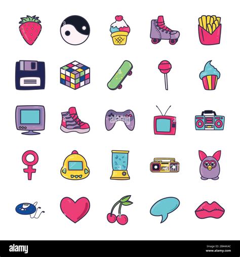 line and fill style icon set design, 90s retro leisure technology entertainment obsession ...