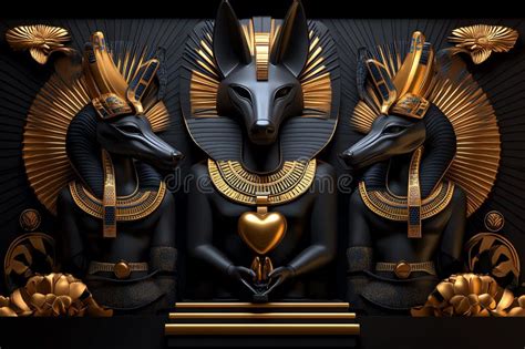 Three Anubis Statues With Golden Accents Standing Against A Black