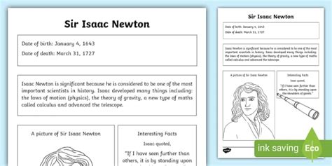 FREE Sir Isaac Newton Significant Individual KS1 Fact Sheet Twinkl