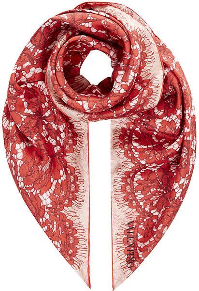 Valentino Iconic Double Lace Silk Scarf In Red Floral Lyst