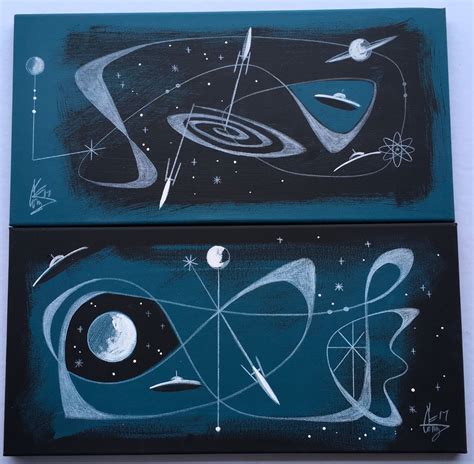 EL GATO GOMEZ PAINTING PAIR MID CENTURY ATOMIC ABSTRACT SCI FI PULP