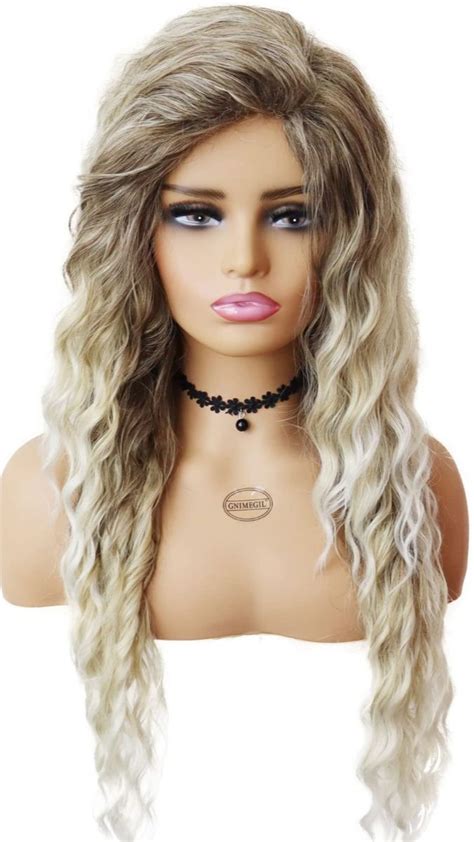 Gnimegil Long Ash Blonde Wigs For White Women Ombre Blonde Curly Wig Wavy Synthetic Wig Brown