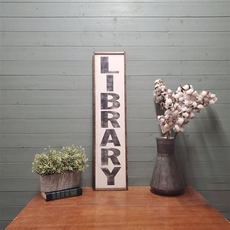 Library Sign, Library Decor, Wood Library Sign, Vertical Library Sign ...