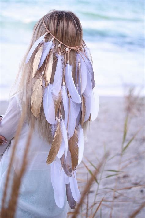 White And Gold Feather Headband Boho Bohemian Headband Festive Native