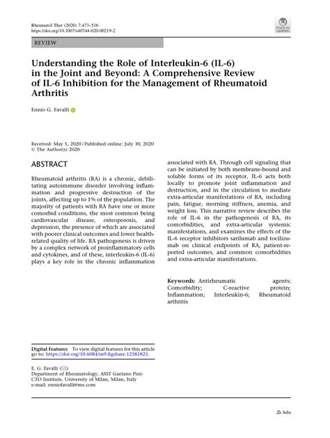 PDF Understanding The Role Of Interleukin 6 IL 6 In The Joint And