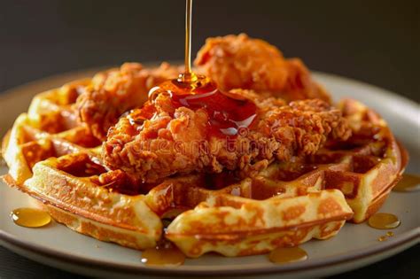 Crispy Fried Chicken On Belgian Waffles Drizzled With Maple Syrup