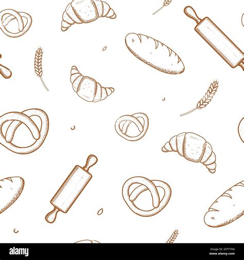 Hand Drawn Seamless Pattern Of Bread And Bakery Products Baked Goods