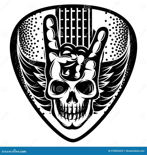 Stylized Guitar Plectrum White Background With Guitar Skull Wings And Hand Gesture Stock