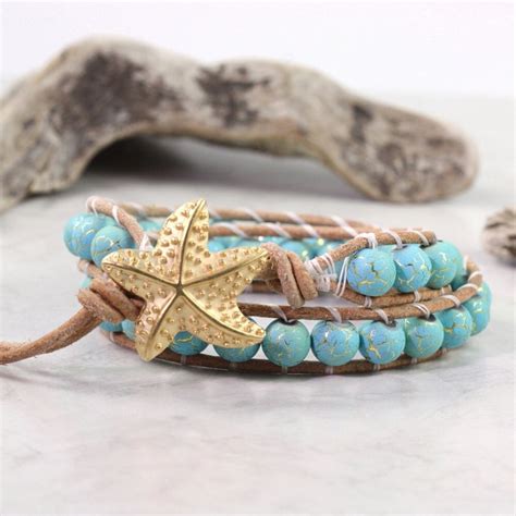 Turquoise Blue Leather Wrap Bracelet Tan Suede Aqua Gold