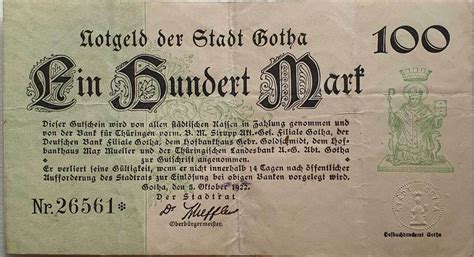 Deutschland Deutsches Reich 100 Mio Mark 1923 Notgeld Der Stadt Gotha