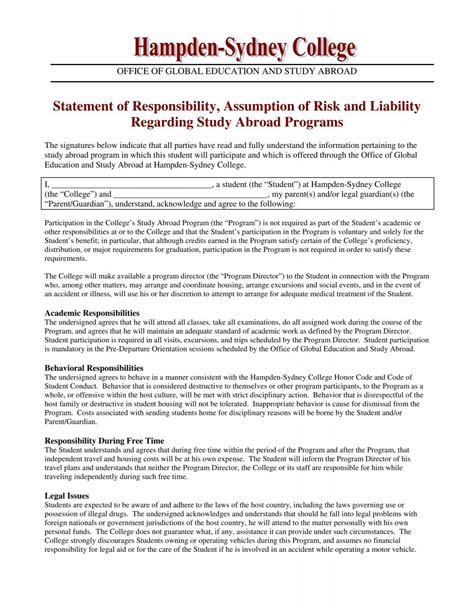 Statement Of Responsibility Risk And Liability Form Hampden