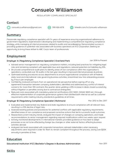 Regulatory Compliance Specialist Resume CV Example And Writing Guide