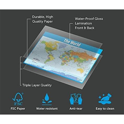 World Map Geography Posters Laminated Gloss Paper Measuring 850mm X