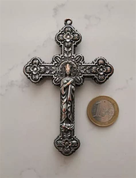 Grand Pendentif Croix Pectorale Crucifix Christ Vierge Marie Ancien