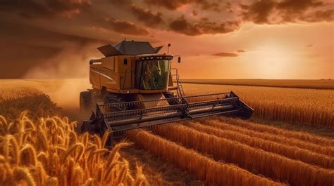 Combine Harvester Harvests Ripe Wheat Ripe Ears Of Gold Field On The