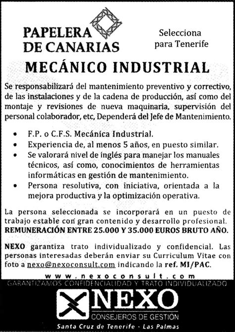 Oferta De Empleo Mec Nico Industrial Con Experiencia Para La Isla De