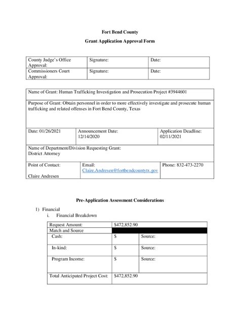 Fillable Online Fort Bend County Grant Application Approval Form Fax