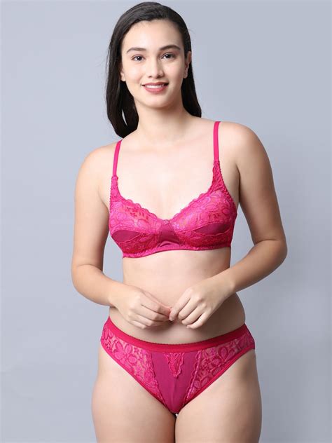 Buy GRACIT Women Pink Self Design Nylon With Net Lingerie Set