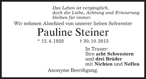 Traueranzeigen Von Pauline Steiner Trauer Merkur De