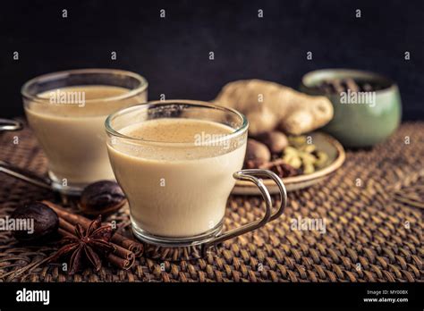 Traditional Indian Drink Masala Chai Tea Milk Tea With Spices On