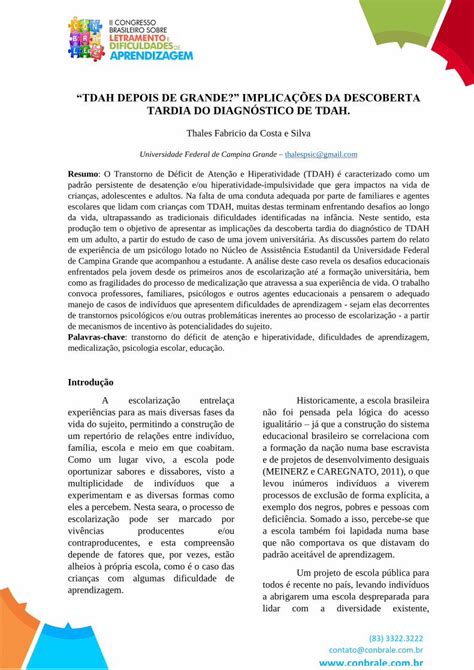 PDF TDAH DEPOIS DE GRANDE IMPLICAÇÕES DA editorarealize br