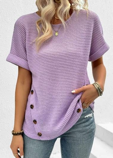 Rotita Button Light Purple Round Neck Short Sleeve T Shirt Rotita