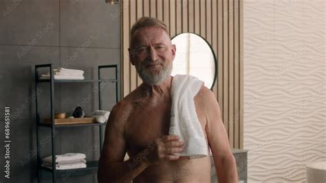 Naked Shirtless Slim Caucasian Old Senior Mature Man Happy Positive