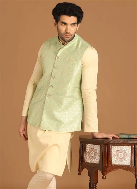 Kurta Jacket Set For Men Buy Sea Green Celebration Wear Kurta Jacket With Golden Motifs Online