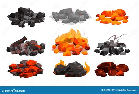 Charcoal Black Embers Pile And Hot Rocks Burn In Fireplace With Red