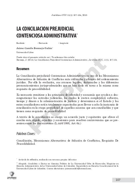 Pdf La Conciliación Prejudicial Contenciosa Administrativa