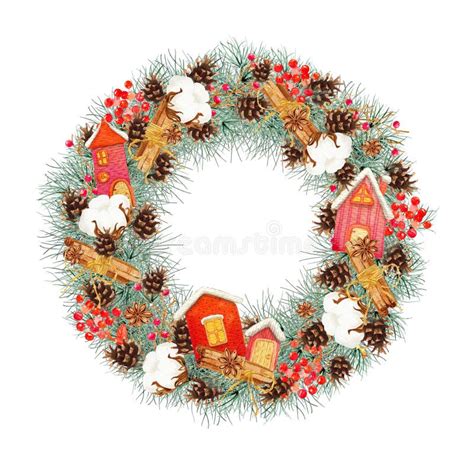 Christmas Wreath With Houses Isolated On White Background Clipart