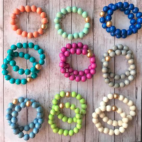 Colorful Wood Bead Bracelet Turquoise Blue Hot Pink Gray White