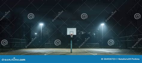 Outdoor Basketball Court at Night Lit by Overhead Lights, Urban ...