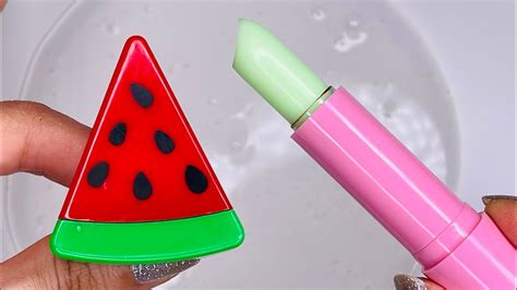 ASMR Makeup Slime Coloring Slime With Watermelon Lip Balm Lipstick