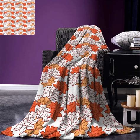 Orange Throw Blanket Blossoming Hand Drawn Lotus Leaves Garden Flowers