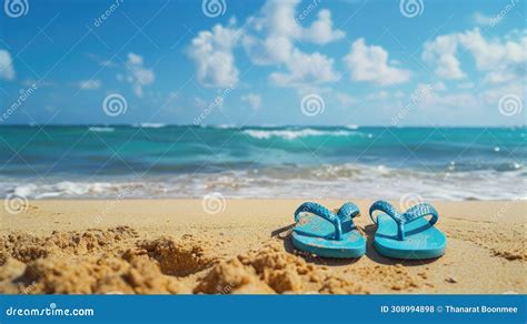 A Pair Of Flip Flops Stands In The Sand At The Beach With The Vast