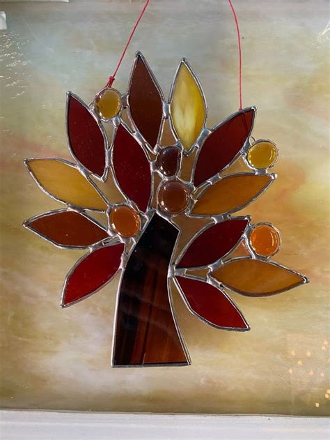 Stained Glass Tree Of Life Sun Catcher In Oranges And Reds Etsy