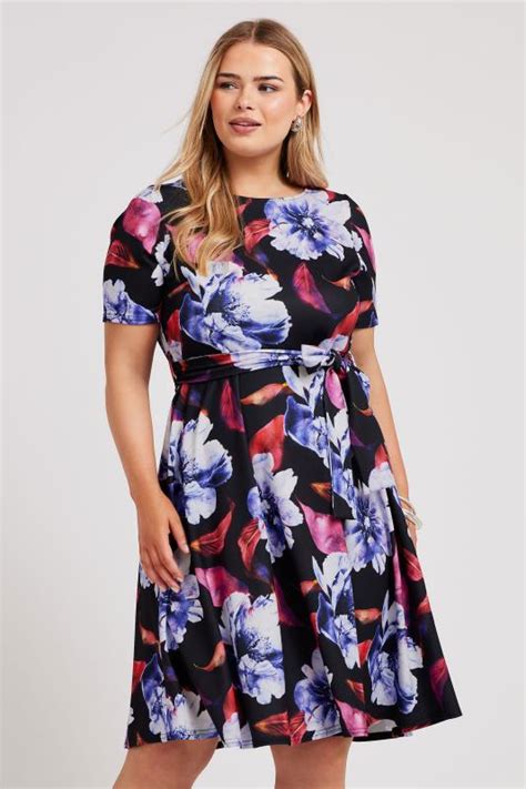 Yours London Plus Size Black Floral Print Skater Dress Yours Clothing